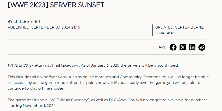 WWE 2K23 Servers Shutdown: What You Need to Know Before January 6, 2025